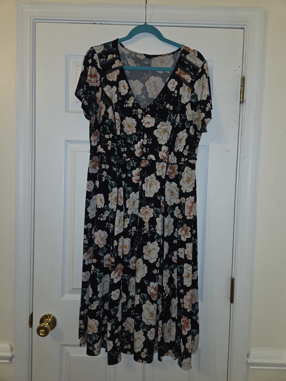 torrid Black Floral V-Neck Midi Dress with Cream & Blush Blooms